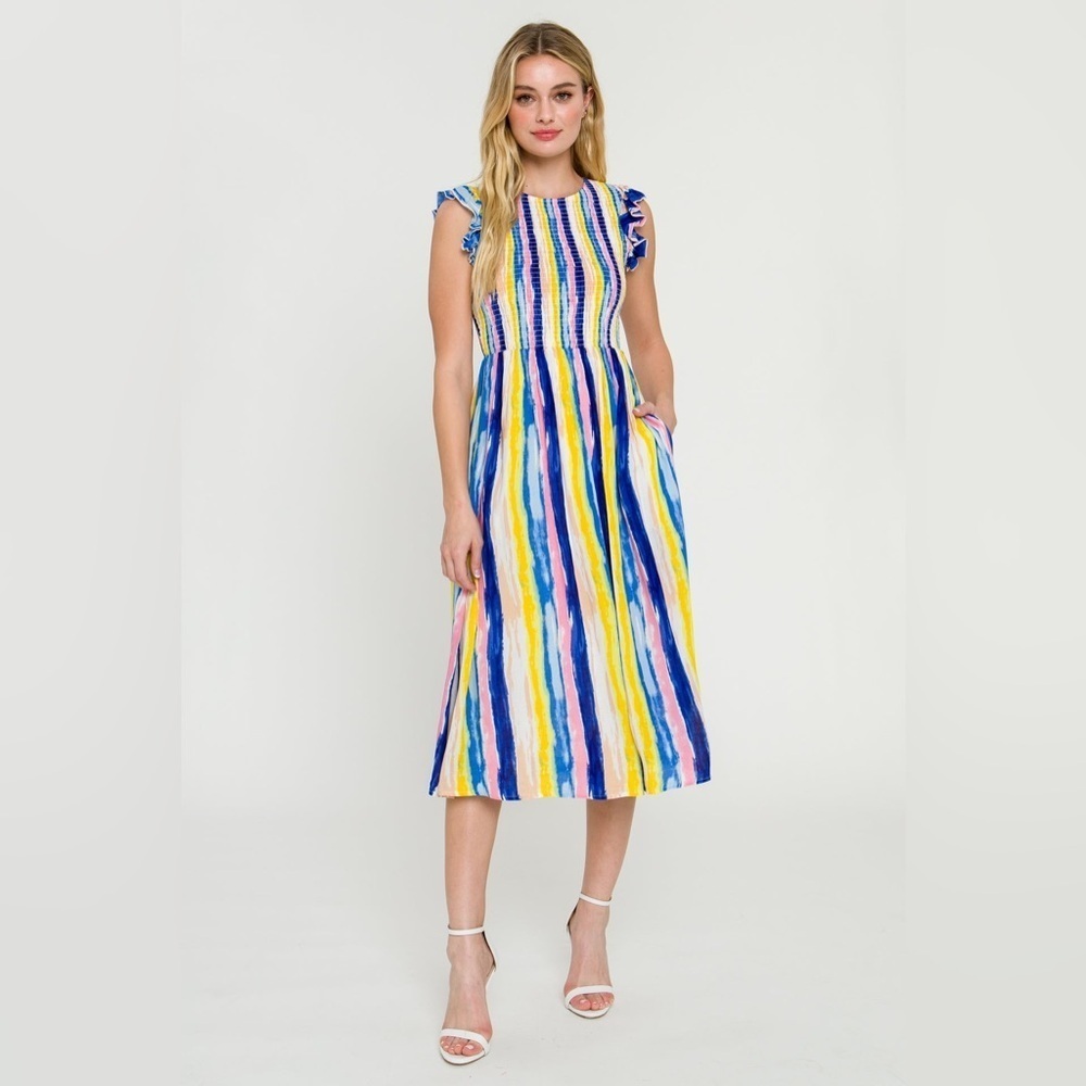 English Factory Smocked Midi Dress. Multicolor Stripes. Watercolor. Size S